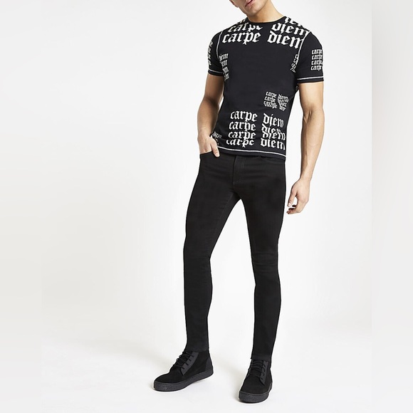River Island Men's Black 'Carpe Diem' Slim Fit Short Sleeve T-Shirt - Picture 3 of 5